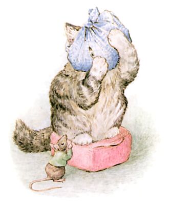 Miss Moppet holds her poor head in her paws, and looks at 
         him through a hole in the duster.